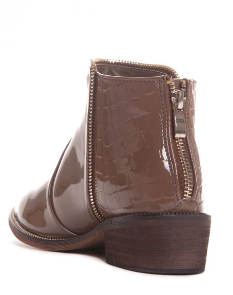 Brown patent and crocodile ankle boots