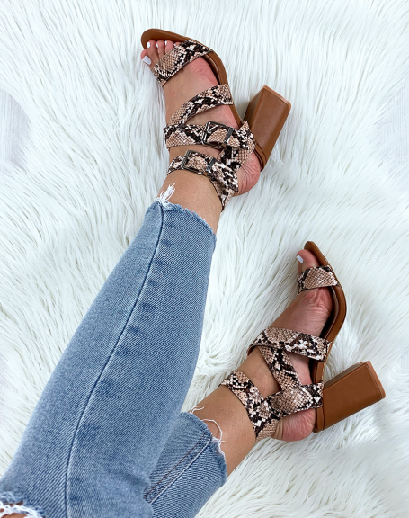Brown sandals with wide snake-effect straps