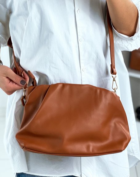 Brown satchel-shaped handbag with fake chains