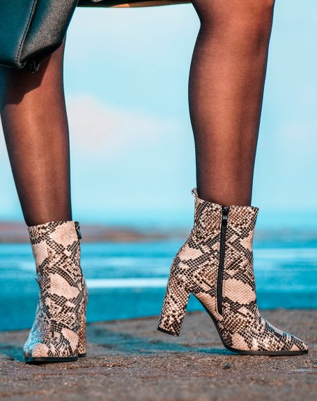 Brown snakeskin effect pointed toe ankle boots