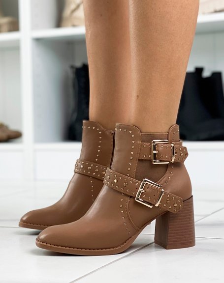 Brown studded ankle boots with heel and square toe