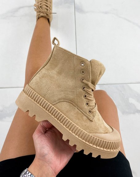 Brown suedette high-top sneakers with chunky soles
