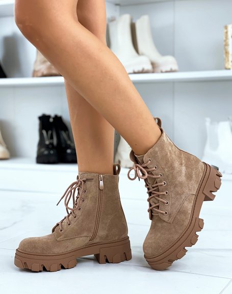Brown suedette lace-up ankle boots with lug sole
