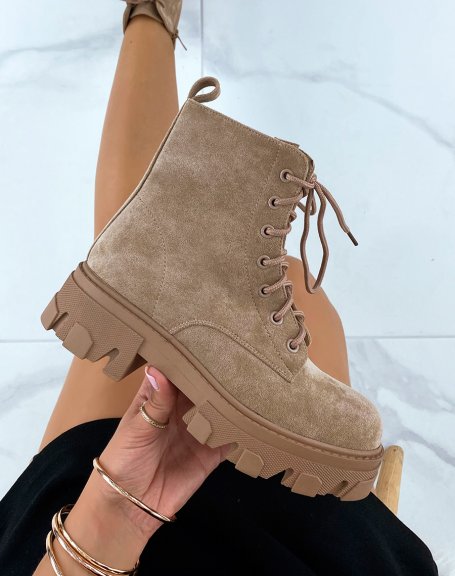 Brown suedette lace-up ankle boots with lug sole