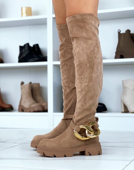 Brown suedette over-the-knee boots with golden chain