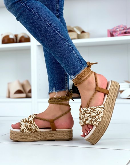 Brown wedge sandals with thick braided lace-up strap