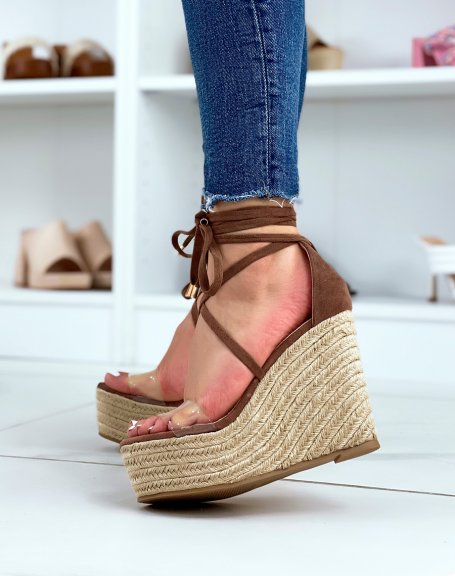 Brown wedges with lace and transparent strap