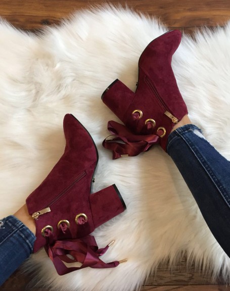Burgundy ankle boots mid high heels satin laces