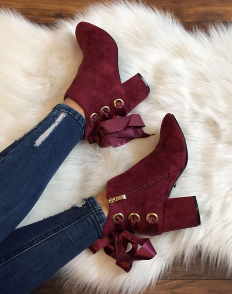 Burgundy ankle boots mid high heels satin laces