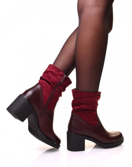 Burgundy ankle boots with bi-material heel