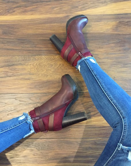 Burgundy ankle boots with bi-material heels