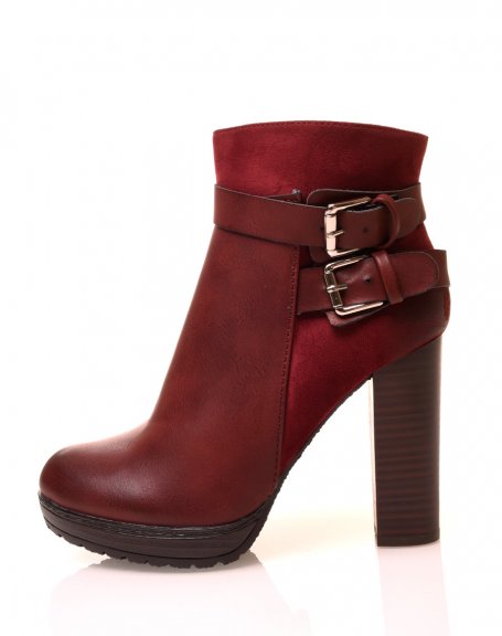 Burgundy ankle boots with bi-material heels