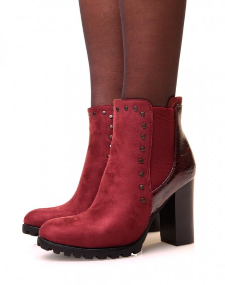 Burgundy ankle boots with bi-material heels and studded details