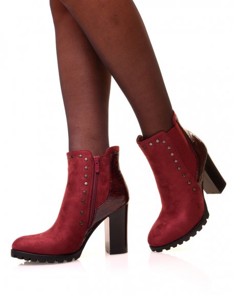 Burgundy ankle boots with bi-material heels and studded details
