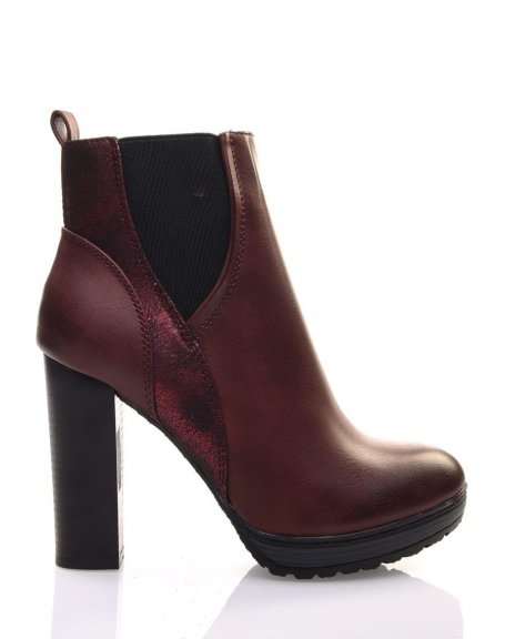 Burgundy ankle boots with bi-material high heels