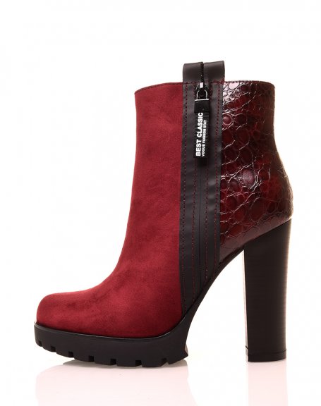 Burgundy ankle boots with bi-material high heels
