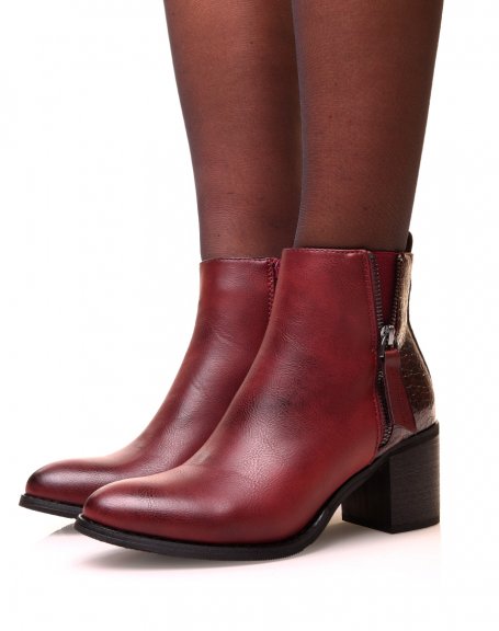 Burgundy ankle boots with croc-effect bi-material square heels