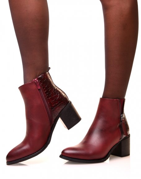 Burgundy ankle boots with croc-effect bi-material square heels