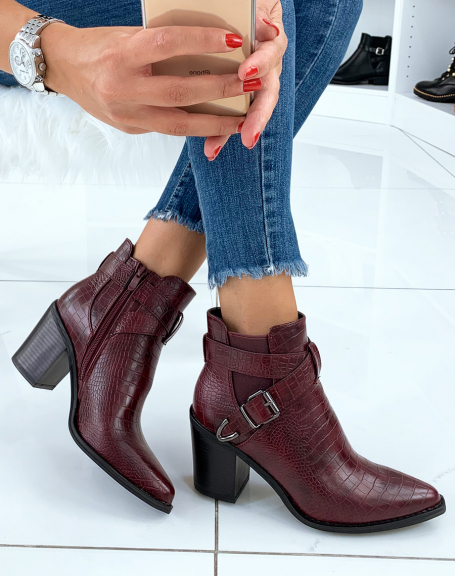 Burgundy ankle boots with croc-effect heels and double straps