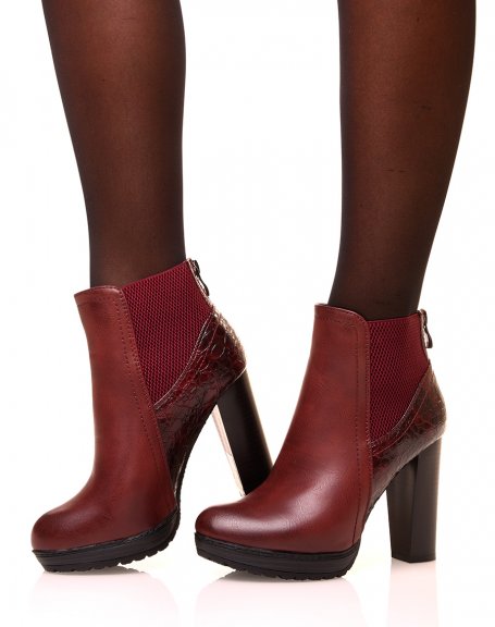 Burgundy ankle boots with croc-effect high heels