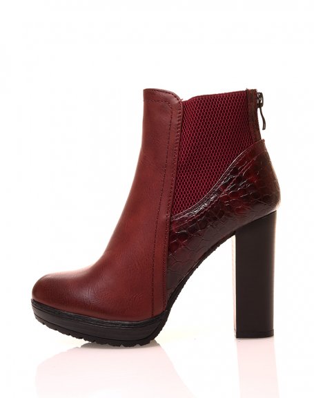 Burgundy ankle boots with croc-effect high heels