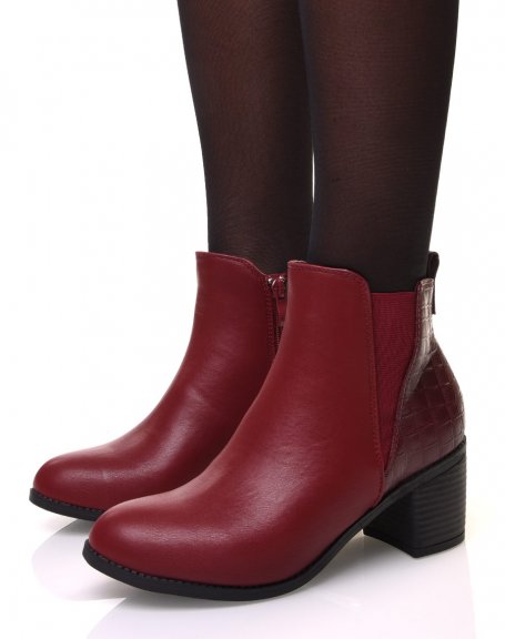 Burgundy ankle boots with croc-print detail heels