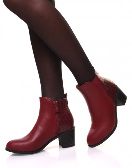 Burgundy ankle boots with croc-print detail heels