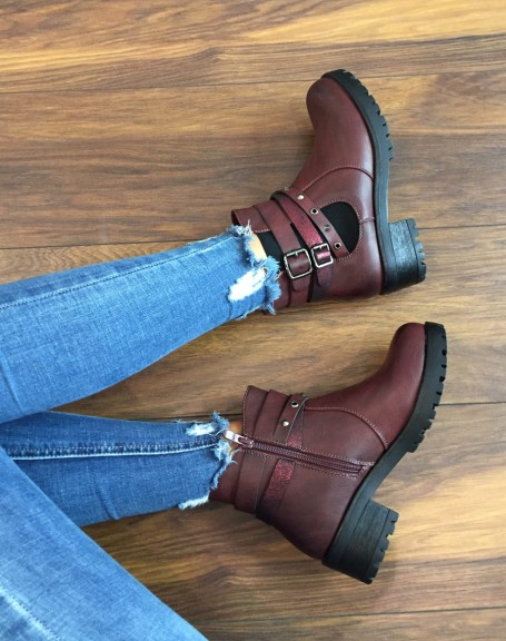 Burgundy ankle boots with different straps