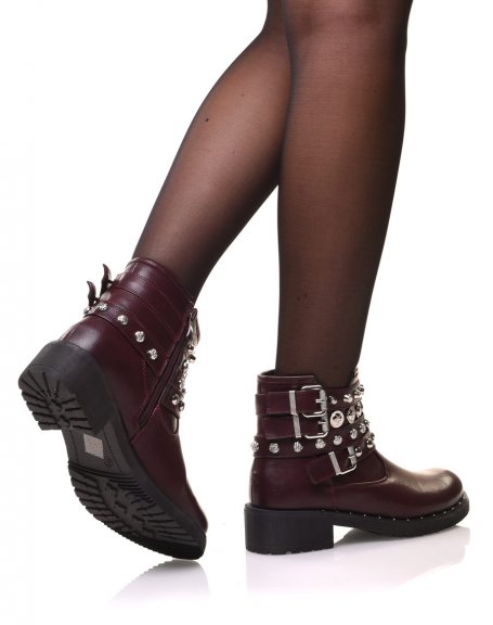 Burgundy ankle boots with different studded straps
