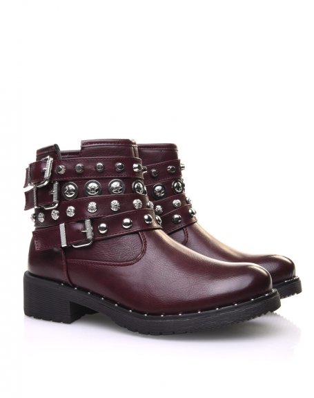 Burgundy ankle boots with different studded straps