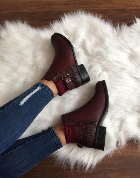 Burgundy ankle boots with heels and zippers