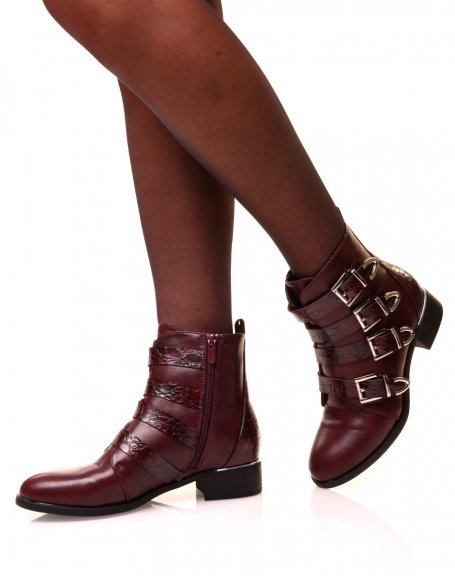 Burgundy ankle boots with multiple croc-effect straps