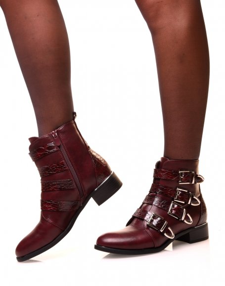 Burgundy ankle boots with multiple croc-effect straps