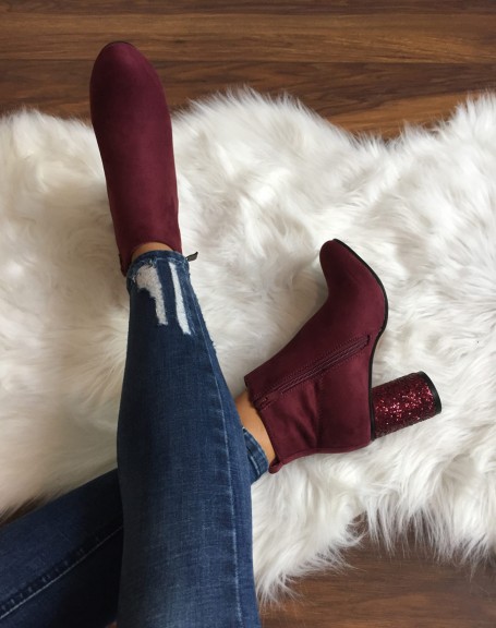 Burgundy ankle boots with round and glitter heels
