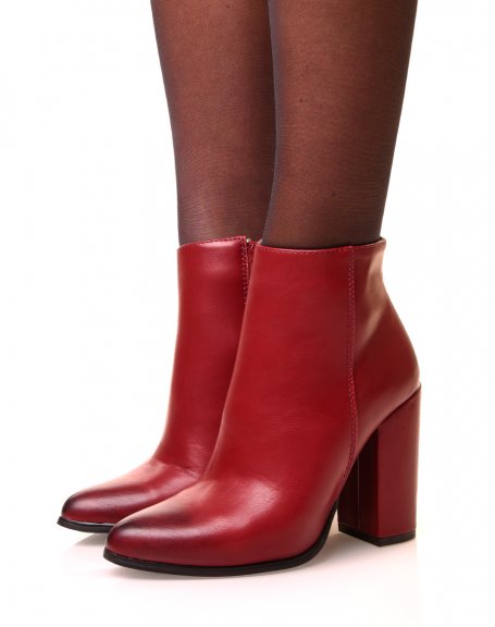 Burgundy ankle boots with square heels and pointed toes