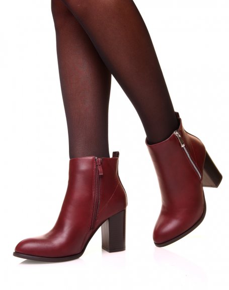 Burgundy bi-material heeled ankle boots