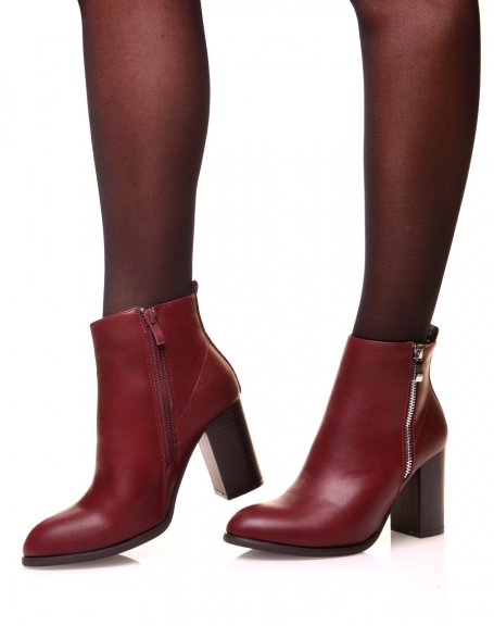 Burgundy bi-material heeled ankle boots