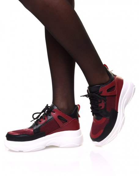 Burgundy & black dual-material sneakers with thick sole