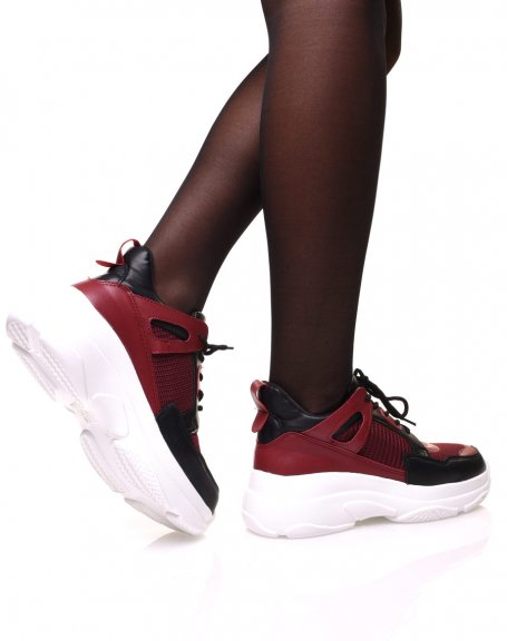 Burgundy & black dual-material sneakers with thick sole