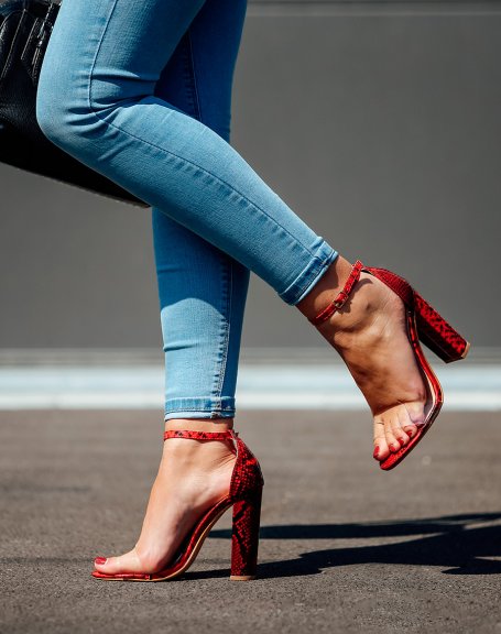 Burgundy block heel sandals with transparent straps