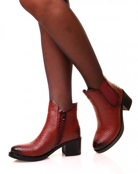 Burgundy croc-effect ankle boots