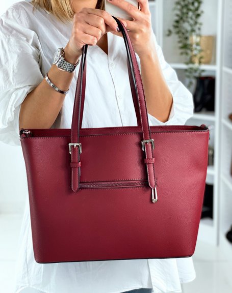 Burgundy faux leather tote handbag