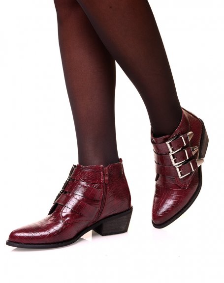 Burgundy heeled cowboy boots with multiple croc-effect strap