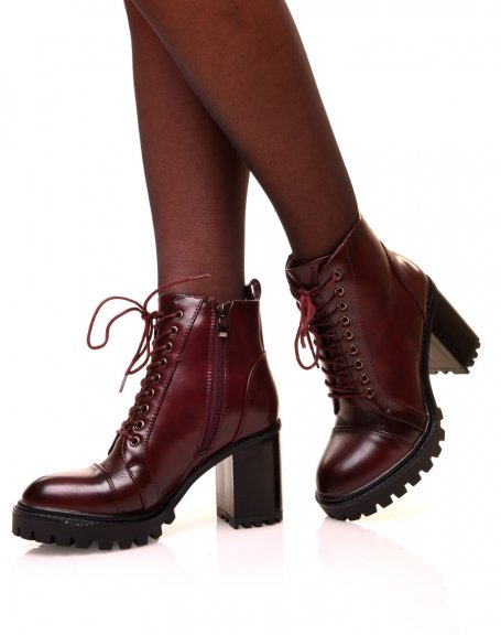 Burgundy lace-up heeled ankle boots