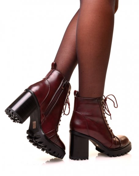 Burgundy lace-up heeled ankle boots