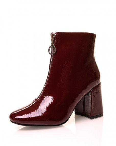 Burgundy patent grained heel ankle boots