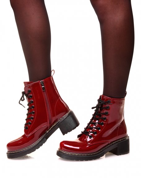 Burgundy patent lace-up high ankle boots