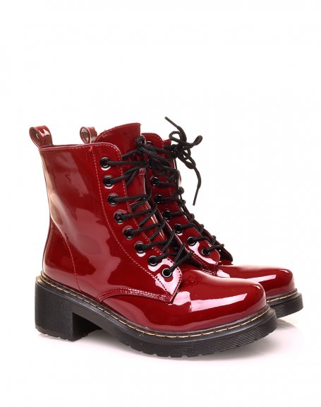 Burgundy patent lace-up high ankle boots