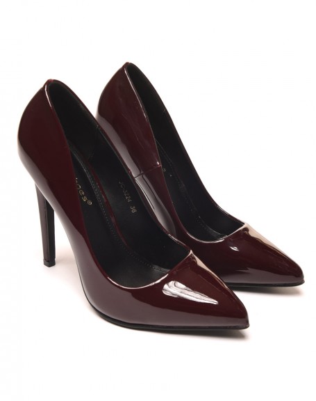 Burgundy patent pumps with semi-pointed toe