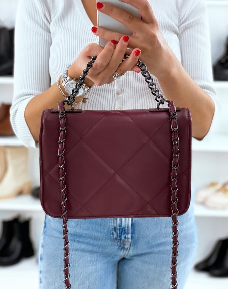 Burgundy quilted effect crossbody bag with silver chain